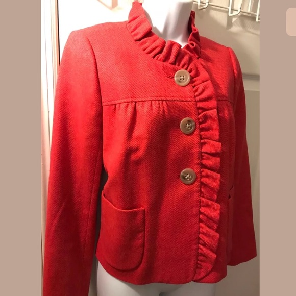J. CREW Fiona Herringbone Jacket Coat Red Wool Ruffle Trim Donegal Career Work - Picture 3 of 7